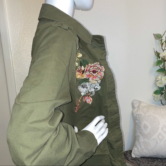 Military Green Embroidered Rose Jacket Cargo Utility Ashley by 26 International - Picture 3 of 10
